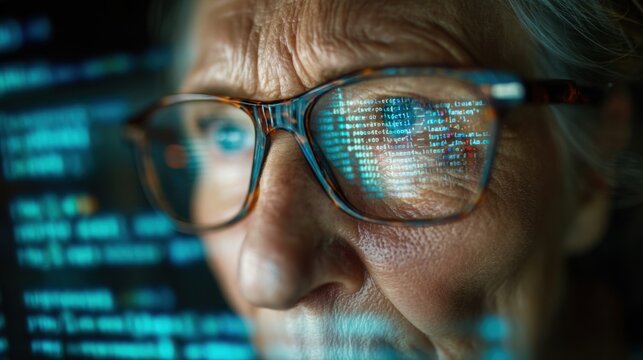 An elderly woman with glasses concentrates intently on her computer screen, which shows complex code and programming symbols, during a late night exploration of technology at home.