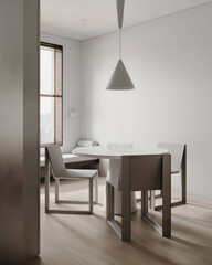 Simple dining room featuring clean lines, light wood flooring, and soft natural lighting in a modern minimalist style.
