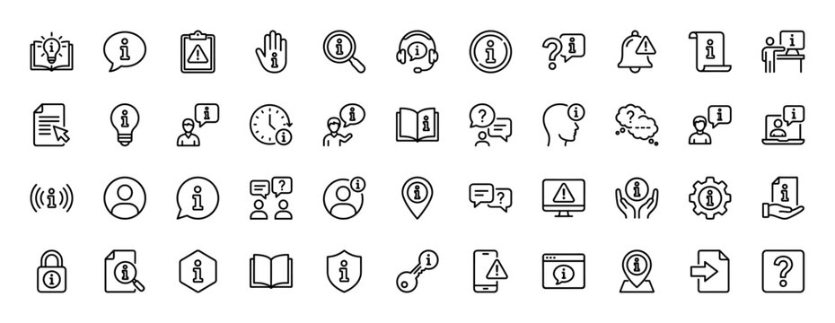 Information and help line icon set. Vector pictograms of support, faq, warning, security, and knowledge, thin linear illustration.