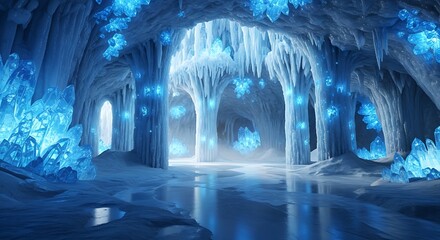 Frozen ice cave with glowing crystals a magical winter landscape perfect for fantasy or adventure themes
