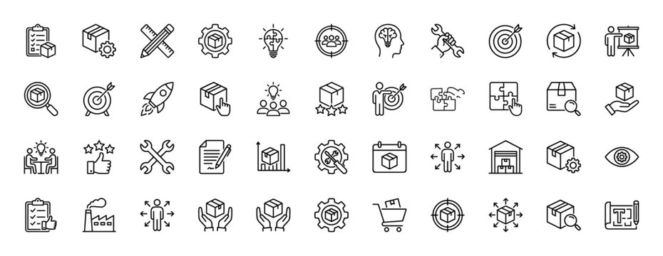 Logistics and product development line icon set. Vector pictograms of shipping boxes, gears, targets, and supply chain management, thin linear illustration.