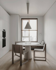 Clean and compact dining space with simple modern furniture, built-in kitchen elements, and soft natural light.