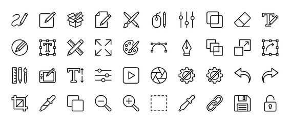 Graphic design line icon set. Vector pictograms of pen, brush, eraser, layers, crop, text, palette, eyedropper, printer, thin linear illustration.