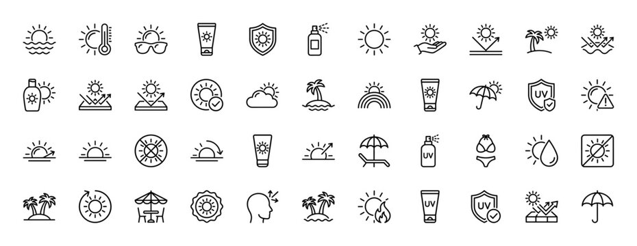Sun protection line icon set. vector pictograms of sunscreen, uv shield, sunglasses, and beach umbrella, thin linear illustration.