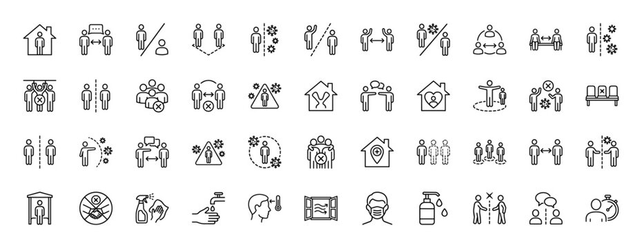 Social distancing and health protection line icon set. Vector pictograms of quarantine, cough, temperature, mask, and handwashing, thin linear illustration.