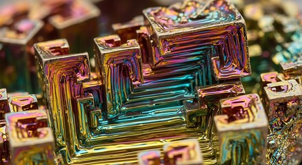 Close-up of colorful bismuth crystals iridescent metallic structure with geometric shapes science and mineralogy concept