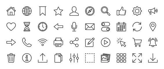 Fototapeta premium Universal user interface line icon set. Vector pictograms of home, globe, settings, calendar, and media controls, thin linear illustration.