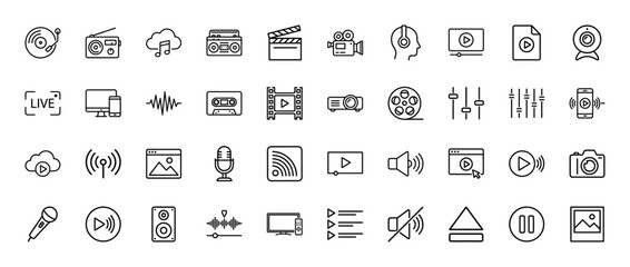 Multimedia and entertainment line icon set. Vector pictograms of camera, radio, headphones, video player, and mixer, thin linear illustration.