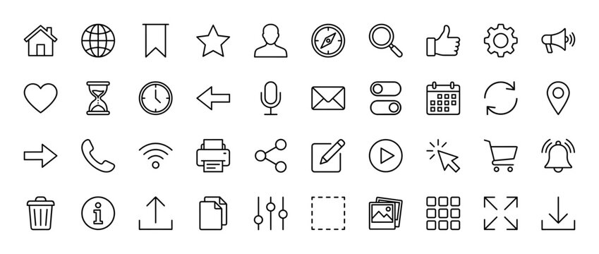 Universal user interface line icon set. Vector pictograms of home, globe, settings, calendar, and media controls, thin linear illustration.