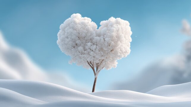 Heart-shaped tree covered in snow stands alone in a winter landscape, symbolizing love and affection during Valentine's Day season