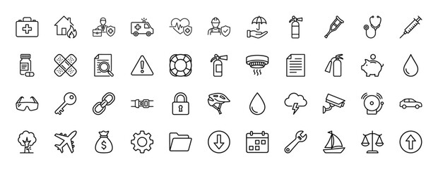 Safety and insurance outline icon set. Vector pictograms of syringe, crutch, fire extinguisher, umbrella, and helmet, thin linear illustration.