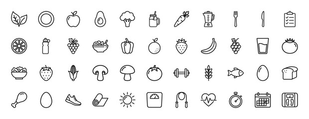 Health and fitness line icon set. Vector pictograms of fruits, vegetables, workout equipment, scales, smart watch and healthy food, thin linear illustration.
