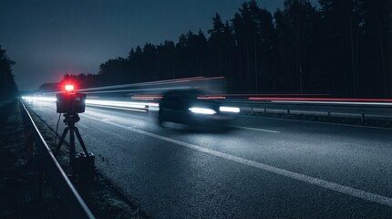 Nighttime road with speed radar monitoring traffic