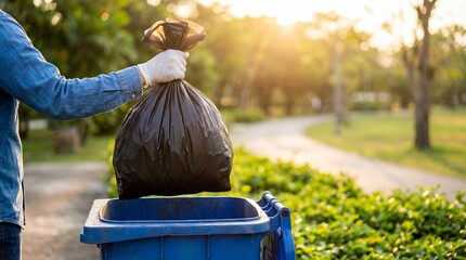Person disposing garbage bag outdoors in park