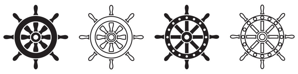 Obraz premium Ship Wheel Icons Vector Set – Nautical Helm Steering Wheel Silhouettes