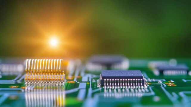 Circuit Board Close-Up: An intricate circuit board, showcasing electronic components with a dynamic composition, suggests the essence of technological innovation and modern design. 
