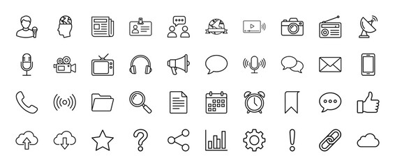 Communication and media line icon set. Vector pictograms of newspaper, microphone, camera, tv, phone, mail, bubble and cloud, thin linear illustration.