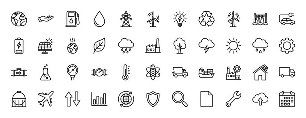 Fototapeta premium Ecology and industrial energy line icon set. Vector pictograms of wind turbine, solar panel, water drop, factory, and electric car, thin linear illustration.