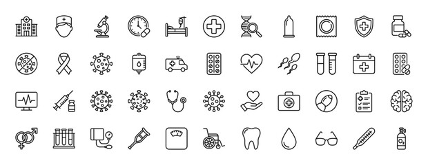 Medical healthcare line icon set. Vector pictograms of hospital, stethoscope, syringe, virus, and pharmacy, thin linear illustration.