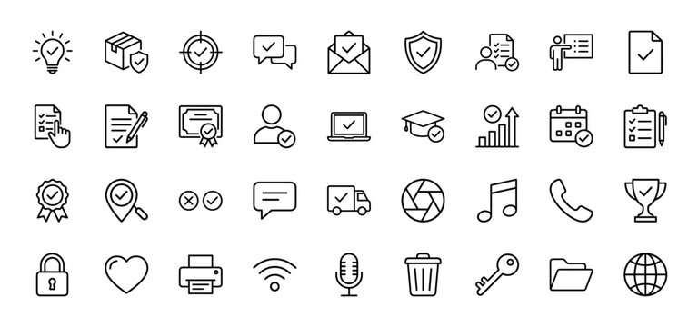 Business and productivity line icon set. Vector pictograms of mail, lightbulb, checklist, calendar, and delivery, thin linear illustration.