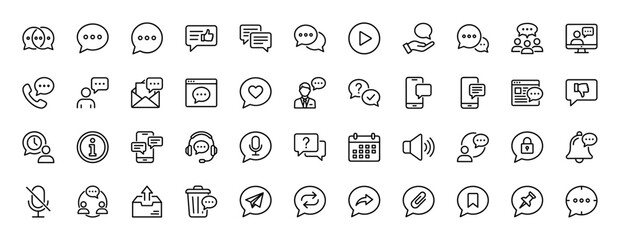 Communication and messaging line icon set. Vector pictograms of chat bubbles, phone, email, support, feedback, voice, notification and share, thin linear illustration.