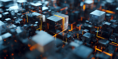 multilayer business matrix with volumetric geometric blocks glowing interlinks forming abstract futuristic organizational structure