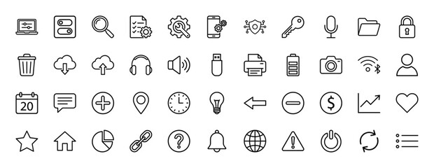 Universal user interface line icon set. Vector pictograms of shield, cloud, camera, location, calendar, chat, finance, home and navigation tools, thin linear illustration.