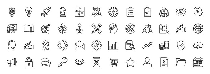 Business line icon set. Vector pictograms of idea, teamwork, success, strategy, goal, analysis, and management, thin linear illustration.