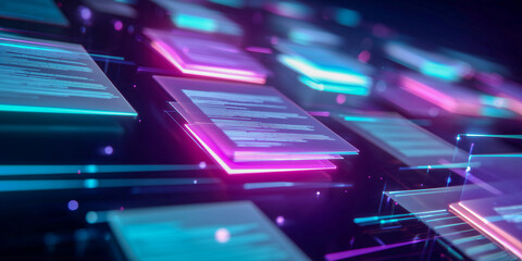 abstract corporate process system with floating document layers dynamic task flows and luminous futuristic interface elements