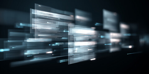 abstract corporate process system with floating document layers dynamic task flows and luminous futuristic interface elements