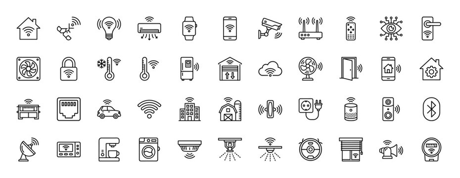Smart home and internet of things line icon set. Vector pictograms of security camera, wifi, appliances, and sensors, thin linear illustration.
