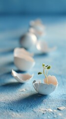Delicate seedling emerging from eggshell evokes new beginnings