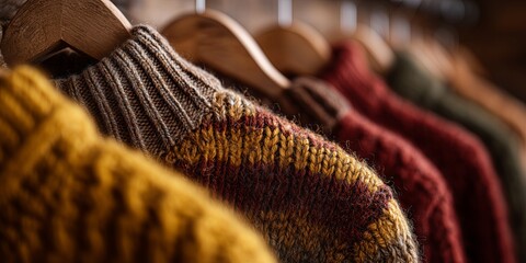 Colorful knitted sweaters hanging on wooden hangers, showcasing intricate patterns and textures, creating a cozy and inviting atmosphere for autumn fashion