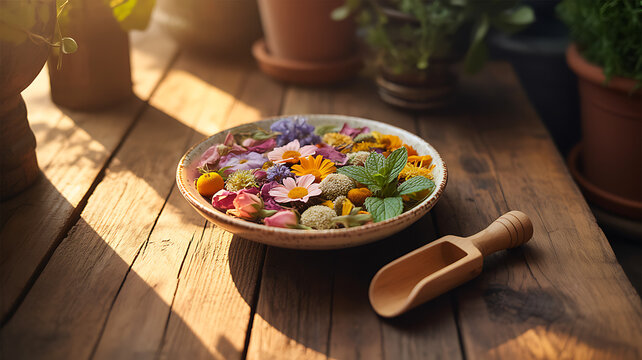 Colorful Dried Flowers and Herbs in Bowl with Wooden Scoop on Rustic Table, Natural Light - Powered by Adobe