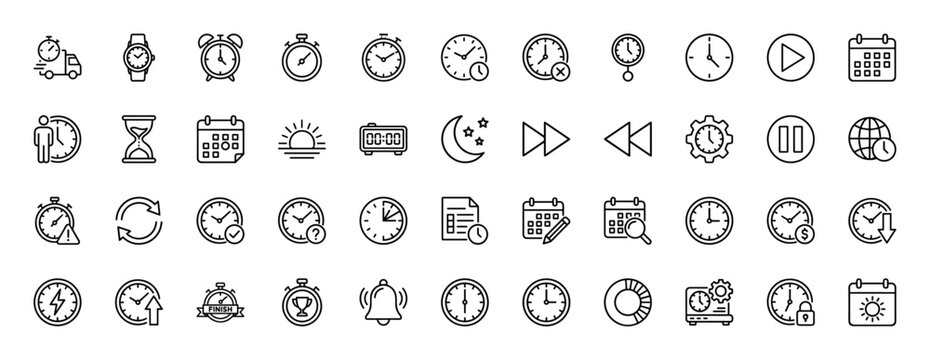 Time management and scheduling line icon set. Vector pictograms of clocks, calendars, stopwatches, and delivery time, thin linear illustration.