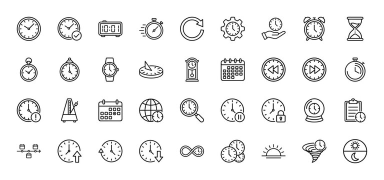 Time and clock line icon set. Vector pictograms of alarm, stopwatch, calendar, hourglass, and wristwatch, thin linear illustration.