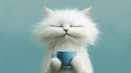 Cute fluffy white cat enjoying a peaceful moment with blue coffee