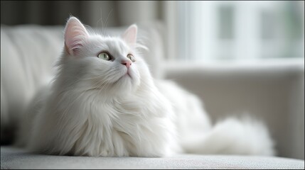 Elegant white cat lounges in soft light near window, looking upward