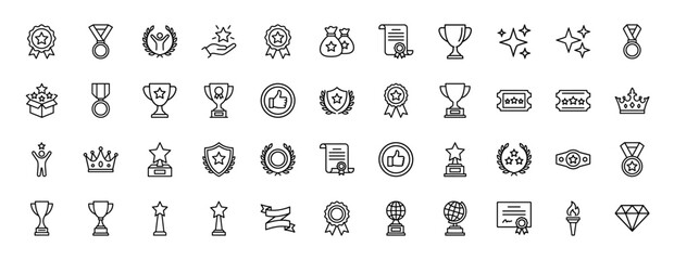 Award and achievement line icon set. Vector pictograms of trophies, medals, ribbons, crowns, and certificates, thin linear illustration.