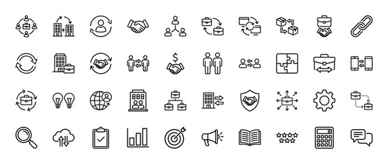 Business and collaboration line icon set. Vector pictograms of handshake, gear, analytics, and partnership, thin linear illustration.