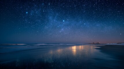 Stunning starry night sky reflecting on calm ocean beach