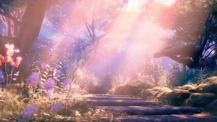 A dreamy, enchanted forest scene captured at ground level. Soft, ethereal lighting creates a magical atmosphere, perfect for a fantasy video backdrop. Live desktop wallpaper. - Powered by Adobe