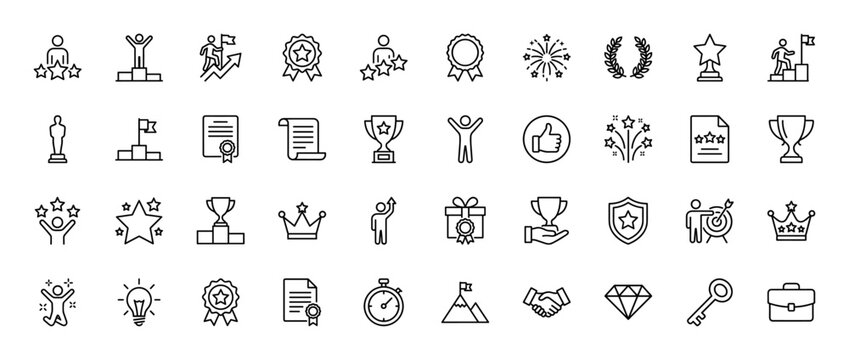 Achievement and success line icon set. Vector pictograms of trophy, winner, goal, target, and medal, thin linear illustration.