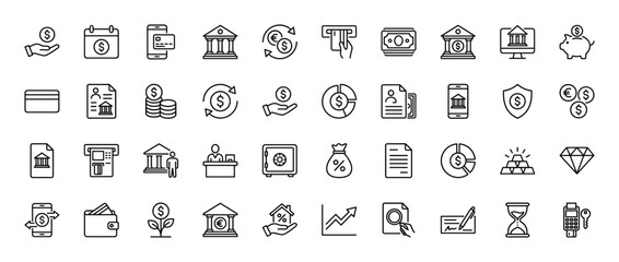 Finance and banking line icon set. Vector pictograms of atm, bank building, money, wallet, and credit card, thin linear illustration.
