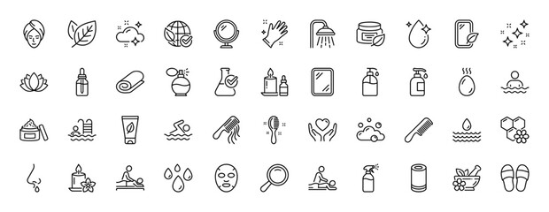 Spa and beauty line icon set. Vector pictograms of shower, massage, makeup mirror, and skincare products, thin linear illustration.