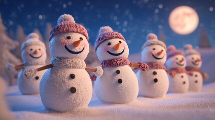 Cheerful snowmen celebrate winter under the moonlight sky