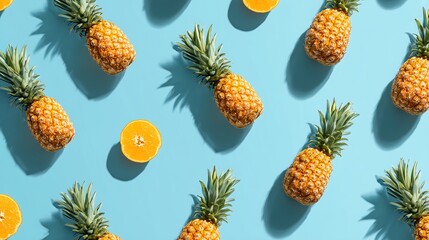 Bright summer vibes with pineapples and oranges on a blue surface