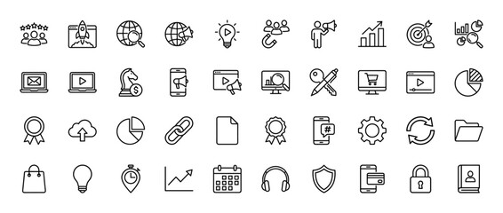 Fototapeta premium Digital marketing and business line icon set. Vector pictograms of research, strategy, analytics, and e-commerce, thin linear illustration.