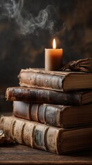 Intriguing old books stacked with candle offers vintage flair