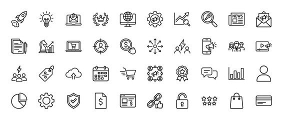 Fototapeta premium Digital marketing line icon set. Vector pictograms of graph, gear, shopping cart, rocket, and shield, thin linear illustration.